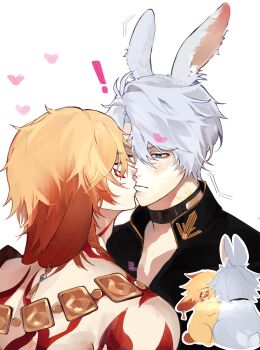 Rule 34 | 223491as, 2boys, absurdres, animal ears, antenna hair, arm tattoo, back tattoo, black choker, blonde hair, blue eyes, blush, braid, choker, closed eyes, facial tattoo, gold necklace, gradient hair, highres, honkai: star rail, honkai (series), jewelry, kiss, male focus, medium hair, multicolored hair, multiple boys, mydei (honkai: star rail), neck tattoo, necklace, parted bangs, phainon (honkai: star rail), rabbit boy, rabbit ears, red hair, red tattoo, short hair, side braid, sun symbol, sun tattoo, tan, tattoo, white hair, yaoi