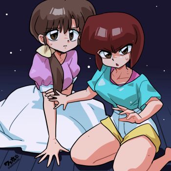 2girls blue_background bob_cut brown_eyes brown_hair collarbone full_body hand_on_own_arm long_hair low_ponytail multiple_girls on_floor ponytail ranma_1/2 short_hair shorts siblings signature sisters sitting skirt sweatdrop tendou_kasumi tendou_nabiki v-shaped_eyebrows wanta_(futoshi) wariza white_shorts white_skirt