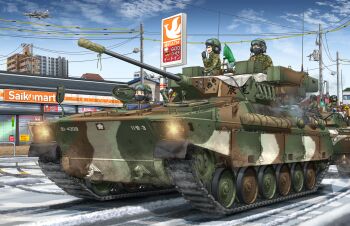 aircraft airplane black-framed_eyewear black_mask blue_eyes blue_sky brown_eyes brown_hair building camouflage camouflage_jacket caterpillar_tracks city closed_mouth combat_helmet commentary_request convenience_store day f-15_eagle fighter_jet flag glasses goggles goggles_on_headwear headphones helmet highres jacket japan_ground_self-defense_force japan_self-defense_force looking_at_viewer mask microphone mikeran_(mikelan) military military_vehicle motor_vehicle mouth_mask open_mouth original outdoors power_lines radio_antenna shop sky smile snow soldier tank type_89_ifv utility_pole vehicle_focus