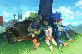 1boy 1girl arven_(pokemon) backpack bag blue_vest braid brown_footwear brown_hair ch_walnut closed_eyes cloud collared_shirt crossed_arms day grass highres juliana_(pokemon) mabosstiff necktie nintendo open_mouth orange_necktie orange_shorts outdoors pokemon pokemon_(creature) pokemon_sv quaquaval shirt shoes short_sleeves shorts sitting sky sleeping socks tree unworn_backpack unworn_bag vest white_shirt white_socks