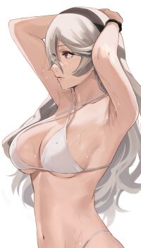 1girl alternate_costume armpits arms_behind_head arms_up bare_shoulders bikini breasts cleavage collarbone female_corrin_(fire_emblem) female_focus fire_emblem fire_emblem_fates hair_between_eyes hairband halterneck highleg highleg_bikini highres j@ck large_breasts midriff navel nintendo red_eyes solo strap_gap swimsuit underboob wet white_background white_bikini white_hair