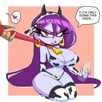 Rule 34 | 2girls, alternate costume, animal ear hairband, animal ears, animal print, bell, bikini, bottle, breasts, cleavage, collar, colored skin, cow ear hairband, cow ears, cow horns, cow print, cow print bikini, cow print gloves, cow print thighhighs, cowbell, curvy, dark-skinned female, dark skin, earrings, elbow gloves, eyeshadow, fake animal ears, fake horns, fingerless gloves, frown, gloves, gold earrings, hairband, half-closed eyes, heart, highres, holding, holding bottle, holding leash, hoop earrings, horn hairband, horns, jewelry, large breasts, leash, lipstick, long hair, looking at viewer, makeup, milk bottle, multiple girls, narrow waist, neck bell, nelljoestar, out of frame, outline, parted lips, pet play, print bikini, print gloves, print thighhighs, purple eyeshadow, purple hair, purple lips, purple skin, red collar, risky boots, shantae, shantae (series), spoken heart, swimsuit, thighhighs, v-shaped eyebrows, white outline, wide hips, yuri