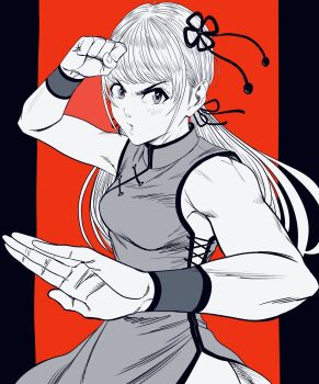 1girl breasts china_dress chinese_clothes clenched_hand commentary_request dress eyelashes fighting_stance foreshortening greyscale_with_colored_background highres lee_(dragon_garou) long_hair original red_background serious side_slit small_breasts solo upper_body v-shaped_eyebrows wristband