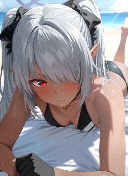 1girl absurdres arm_support ass bare_shoulders beach bigpicklesman bikini black_bikini black_bow black_gloves blue_archive blush bow breasts breasts_apart clenched_hand closed_mouth cloud collarbone commentary dark-skinned_female dark_skin day gloves grey_hair hair_bow hair_ornament hair_over_one_eye hair_ribbon halo highres iori_(blue_archive) iori_(swimsuit)_(blue_archive) leg_up long_hair looking_at_viewer lying ocean official_alternate_costume on_stomach outdoors pointy_ears purple_halo red_eyes ribbon sky small_breasts solo sunlight sweat swimsuit the_pose twintails v-shaped_eyebrows water