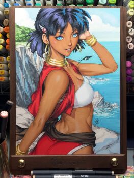 artist_name back bandana bangle belt black_hair blue_eyes blue_gemstone bob_cut bracelet breasts brown_belt brushing_hair brushing_own_hair cloud cloudy_sky dangling_earring dark-skinned_female dark_skin forest from_side fushigi_no_umi_no_nadia gem gold_bracelet hair_ornament highres jewelry light_smile looking_at_viewer looking_back midriff nadia_la_arwall nature neck_ring necklace open_clothes rock short_hair sky sleeveless stanley_lau strapless traditional_media tube_top vest white_tube_top