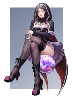 Rule 34 | 1girl, absurdres, black corset, black dress, black hair, black thighhighs, breasts, cape, claw (weapon), cleavage, clothing cutout, commission, corset, cosplay, cross-laced clothes, cross-laced cutout, crystal ball, detached collar, detached sleeves, dress, earrings, fingernails, fire emblem, fire emblem: the blazing blade, flower, frills, garter straps, gem, high heels, highres, hood, hooded top, jewelry, large breasts, lipstick, long hair, looking at viewer, makeup, mature female, necklace, nintendo, orb, pearl (gemstone), pearl necklace, pixiv commission, red lips, rose, side cutout, sideless outfit, signature, simple background, sitting, skirt, smile, solo, sonia (fire emblem: the blazing blade), soul calibur, soulcalibur, soulcalibur v, spider web print, stomach cutout, thighhighs, thighs, viola (soulcalibur), viola (soulcalibur) (cosplay), voice actor connection, weapon, yellow eyes, zhengwei (nobber)