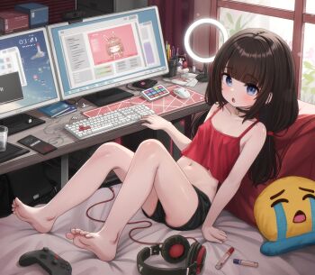 1girl barefoot black_choker black_shorts blue_eyes blush breasts brown_hair camisole cellphone choker commentary comodox computer_keyboard computer_mouse crying_emoji emoji english_commentary headphones highres indoors knees_up loli low_twintails marker midriff monitor multiple_monitors navel open_mouth original paid_reward_available phone red_camisole sheryn_(comodox) short_shorts shorts sitting small_breasts smartphone soles solo star_(symbol) star_choker toes twintails variant_set