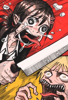 1boy 1girl black_hair black_jacket black_necktie blonde_hair chainsaw_man collared_shirt crying crying_with_eyes_open denji_(chainsaw_man) formal_clothes hair_ornament hairclip hansoom_(latebirdwakeup) higashiyama_kobeni highres holding holding_knife jacket knife looking_at_another looking_to_the_side necktie open_mouth ponytail screaming sharp_teeth shirt short_hair short_ponytail single_sidelock split_screen suit tears teeth tongue tongue_out white_shirt yellow_eyes