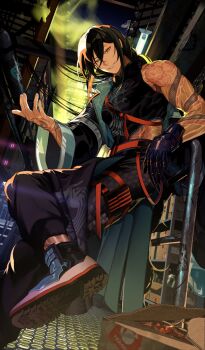 1boy arm_tattoo black_hair braid chinese_clothes commentary_request crossed_legs dutch_angle fate/grand_order fate_(series) final_halloween_2025 foot_out_of_frame game_cg gloves hair_between_eyes jacket jacket_partially_removed leaning_back long_hair male_focus midriff_peek night official_alternate_costume official_art ororooops outdoors pants parted_lips shirt sidelocks single_bare_arm single_glove sleeveless sleeveless_shirt smile solo tattoo tattoo_sleeve third-party_source toned toned_male yan_qing_(fate) yellow_eyes
