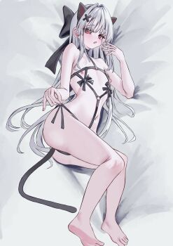 1girl absurdres animal_ears bed bikini black_bikini black_bow bow breasts cat_ears cat_tail character_request commentary_request copyright_request fake_animal_ears fake_tail highres looking_at_viewer m-chai nail_polish original panties pink_eyes pink_nails red_eyes small_breasts swimsuit tail underwear variant_set white_background white_hair