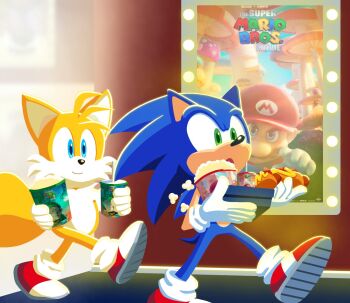 blue_fur cup disposable_cup food fox gloves green_eyes hedgehog highres hot_dog luigi mario movie_theater nintendo popcorn poster sega shoes smile socks soda sonic_(series) sonic_the_hedgehog tails_(sonic) universal_studios waflesa walking yellow_fur