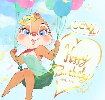 Rule 34 | 1girl, 2021, balloon, blue dress, blue eyes, chipmunk ears, chipmunk girl, clarice (disney), disney, dress, eyelashes, flower, hair ornament, happy birthday, holding, holding balloon, looking at viewer, mickey mouse &amp; friends, open mouth, rl10 02, smile, solo