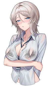 1girl absurdres areola_slip black_bra blush bra cupless_bra faust_(project_moon) hashtag-only_commentary highres id_card limbus_company long_sleeves looking_at_viewer parted_lips project_moon short_hair simple_background solo underwear upper_body wet wet_clothes white_background white_hair zer0big1