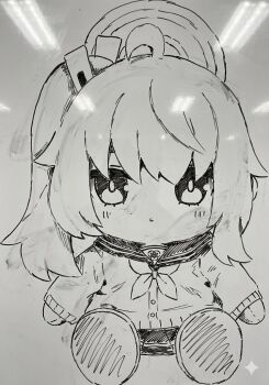 1girl ahoge blue_archive character_doll chibi doll full_body greyscale halo hashtag-only_commentary long_hair long_sleeves monochrome natsu_(blue_archive) school_uniform shibainu_uuuuuu side_ponytail sitting solo