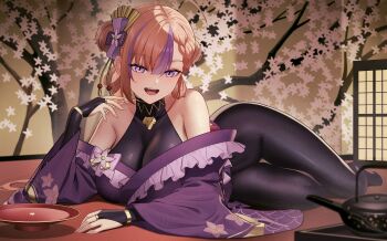 Rule 34 | 1girl, absurdres, adversarial noise, ahoge, arm between legs, asymmetrical bangs, bdsm, black bodysuit, blush, bodysuit, bondage, bound, bow, braid, breasts, bridal gauntlets, brown hair, cherry blossoms, commentary request, double bun, dress, fingernails, flower, flower symbol, from side, full body, hair bow, hair bun, hair flower, hair ornament, hair rings, half up braid, highres, indoors, japanese clothes, jewelry, kimono, lantern, large breasts, long hair, looking at viewer, lying, mask, mole, mole under mouth, moon, no bra, no panties, no shoes, obi, off-shoulder dress, off shoulder, on side, open mouth, orange hair, original, paper lantern, plate, purple dress, purple eyes, purple kimono, red carpet, ring, rock, sash, sion (9117), sitting, sleeveless, sleeveless bodysuit, smile, solo, spooning, tatami, teeth, tree, twintails, upper teeth only, wind, wooden floor