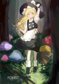 Rule 34 | 1girl, absurdres, apron, black shoes, black skirt, black vest, blonde hair, braid, broom, chinese commentary, closed mouth, commentary, eillusovo, expressionless, forest of magic, full body, hair between eyes, hand on headwear, hat, highres, holding, holding broom, kirisame marisa, long hair, loose socks, mushroom, outdoors, shirt, shoes, short sleeves, side braid, skirt, socks, standing, touhou, vest, white shirt, white socks, witch hat
