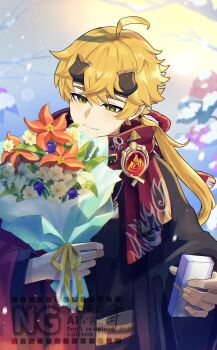 1boy ahoge blonde_hair bouquet closed_mouth commentary_request flower genshin_impact hair_between_eyes highres holding holding_bouquet japanese_clothes light_smile male_focus pyro_symbol_(genshin_impact) short_hair snow snowing solo thoma_(genshin_impact) tsubasa_(20tb_puri) vision_(genshin_impact) watermark windwheel_aster_(genshin_impact) wolfhook_(genshin_impact)