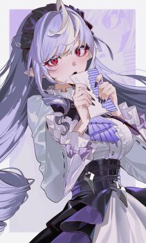 Rule 34 | 1girl, absurdres, ascot, black hairband, black nails, blush, border, buttons, center frills, commentary, fang, fingernails, frills, hairband, hamra (hamcommis), highres, holding, long hair, long sleeves, looking at viewer, open mouth, outside border, pointy ears, purple ascot, purple hair, red eyes, solo, very long hair, vivian banshee, white border, zenless zone zero