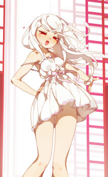 1girl :d absurdres bare_shoulders blush bow breasts collarbone commentary deko_morii dress dress_bow dress_ribbon embarrassed english_commentary feet_out_of_frame frilled_dress frills hand_on_own_hip heart highres long_hair looking_at_viewer monogatari_(series) narrowed_eyes nose_blush official_alternate_color open_mouth outstretched_arm pink_bow pink_dress pink_ribbon red_eyes ribbon scrunchie sengoku_nadeko short_dress shouji sliding_doors small_breasts smile smug snake_hair solo spaghetti_strap standing strap_slip sundress teasing white_background white_dress white_hair white_scrunchie wind wind_lift wrist_scrunchie