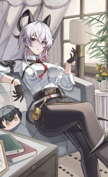 1girl a-chuang absurdres arm_pouch bags_under_eyes black_gloves black_horns black_pants black_tail breasts button_gap chest_harness collared_shirt commentary curled_horns demon_tail earrings gloves grey_hair hand_up harness highres horns indoors jewelry key_earrings large_breasts looking_at_viewer male_rover_(wuthering_waves) mole mole_under_eye multicolored_hair necktie objectification pants pouch red_eyes red_necktie rover_(wuthering_waves) shirt shirt_tucked_in sitting solo streaked_hair tail white_shirt wuthering_waves zani_(wuthering_waves)