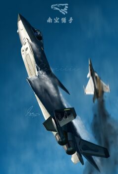 aerial_battle aircraft airplane battle blue_sky canards chengdu_j-20 contrail dassault_rafale dogfight fighter_jet fire indian_air_force military_vehicle no_humans original p.f_lee people&#039;s_liberation_army people&#039;s_liberation_army_air_force signature sky smoke vehicle_focus