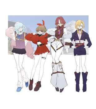 4girls alternate_costume alternate_hairstyle animal_ears arm_behind_head bare_shoulders belt black_boots black_choker black_jacket black_shirt black_shoes black_skirt blonde_hair blue_eyes blue_hair blue_shoes blunt_bangs boots brown_eyes brown_hair brown_shirt brown_shoes choker closed_mouth commentary double_v english_commentary expressionless fake_animal_ears full_body fur_trim glasses hair_ornament hand_on_own_hip hands_on_own_hips hat highres horikawa_raiko jacket legs looking_at_viewer loose_socks lunasa_prismriver lyrica_prismriver medium_hair merlin_prismriver midriff multiple_belts multiple_girls navel necktie one_eye_covered open_clothes open_jacket parted_lips photo_background pink_jacket pink_necktie plaid_clothes plaid_shirt purple_shirt rabbit_ears red_eyes red_hair red_jacket red_skirt round_eyewear shirt shoes short_hair shorts siblings skirt sleeveless sleeveless_shirt smile socks standing star_(symbol) star_hair_ornament thigh_strap thighs touhou v wavy_hair white_jacket white_shirt white_shorts white_socks zenritsu