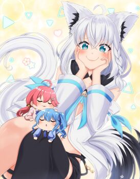 3girls absurdres ahoge animal_ear_fluff animal_ears black_shorts black_thighhighs blue_hair blue_neckerchief blush braid chibi closed_eyes commentary_request detached_sleeves earrings fox_ears fox_girl fox_tail green_eyes hair_between_eyes hair_ornament hand_on_another's_head hand_on_another's_knee head_rest heart heart-shaped_pupils highres hololive hood hoodie hoshimachi_suisei iwasashinbe jewelry long_hair looking_at_another multiple_girls neckerchief one_side_up open_mouth pink_hair sakura_miko shirakami_fubuki shirakami_fubuki_(1st_costume) short_shorts shorts sidelocks single_braid single_thighhigh sitting smile symbol-shaped_pupils tail thigh_strap thighhighs virtual_youtuber white_hair white_hoodie