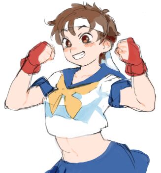 1girl blue_skirt brown_eyes brown_hair collarbone fingerless_gloves gan2 gloves grin hands_up headband highres kasugano_sakura miniskirt navel neckerchief red_gloves school_uniform serafuku shirt short_hair short_sleeves simple_background skirt smile solo street_fighter teeth white_background white_headband white_shirt yellow_neckerchief