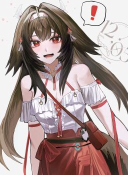 Rule 34 | !, 1girl, absurdres, artist logo, artist name, bare shoulders, breasts, brown hair, cleavage, commentary, fox tail, hair ornament, highres, light blush, logo, long hair, looking at viewer, medium breasts, nongxy nonshi, official alternate costume, open mouth, red eyes, red skirt, shirt, shirt tucked in, skirt, smile, solo, spoken exclamation mark, tail, white shirt, ye shunguang, zenless zone zero