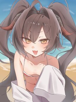 Rule 34 | 0219 142, 1girl, :3, ahoge, beach, bikini, blue archive, blush, breasts, brown eyes, brown hair, dragon horns, hair intakes, horns, kasumi (blue archive), kasumi (swimsuit) (blue archive), leaning forward, long hair, long twintails, navel, ocean, open clothes, open mouth, open shirt, outdoors, oversized clothes, oversized shirt, shirt, sleeves past wrists, small breasts, smile, solo, standing, striped bikini, striped clothes, swimsuit, twintails, white shirt