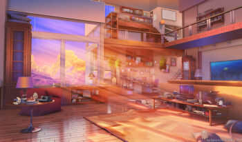 3d absurdly_detailed_composition bed book book_stack cabinet clock cloud cup cushion desk evening fish_tank grandfather_clock highres indoors lamp light_rays loaded_interior mezzanine nikki_(series) no_humans polaroid_camera railing rug scenery shelf shining_nikki sitai_xiii sky stairs sunbeam sunlight table television videocassette videocassette_recorder wall_clock window wooden_floor