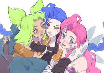 3girls absurdres arm_around_neck arm_tattoo asymmetrical_bangs bandaid bandaid_on_face bare_shoulders black_gloves blue_eyes blue_hair blue_jacket braid brown_eyes brown_gloves brown_pants dress elbow_gloves fake_wings fingerless_gloves gloves green_hair group_hug highres holding holding_microphone hug hug_from_behind hyuko_wong jacket jinx_(league_of_legends) league_of_legends lightning_bolt_symbol long_hair microphone multiple_girls one_eye_closed pants parted_bangs pink_hair purple_dress purple_eyes seraphine_(league_of_legends) short_hair side-by-side sidelocks tank_top tattoo twin_braids twintails white_gloves wings yellow_tank_top zeri_(league_of_legends)