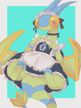 1girl alternate_color animal_focus animal_sexualization apron aqua_background averting_eyes bad_id bad_pixiv_id black_dress black_eyes black_ribbon blush border bright_pupils butter_(oshi8kyoumoh) claws cleft_of_venus clothed_pokemon dress dutch_angle embarrassed female_focus flygon frilled_apron frilled_dress frilled_wrist_cuffs frills full_body gen_3_pokemon grey_border half-closed_eyes hands_up index_fingers_together looking_to_the_side maid maid_apron maid_headdress neck_ribbon nintendo no_panties outside_border pokemon pokemon_(creature) pussy raised_eyebrows ribbon shiny_pokemon short_sleeves simple_background sitting solo tears uncensored white_apron white_pupils wrist_cuffs