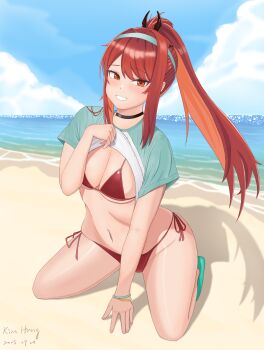 1girl absurdres bikini blush breasts brown_hair choker goddess_of_victory:_nikke hairband highres jacky-8096 large_breasts long_hair looking_at_viewer navel official_alternate_costume official_alternate_hair_color official_alternate_hairstyle ponytail rapi_(nikke) rapi_(red_hood)_(nikke) rapi_(red_hood)_(red_flavor)_(nikke) red_bikini red_eyes red_hair shirt smile solo swimsuit