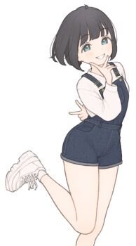 1girl 1ssakawaguchi absurdres arm_behind_back black_hair black_overalls blush bob_cut denim denim_overalls double_v feet_out_of_frame grey_eyes hand_up highres ichika_(1ssakawaguchi) looking_at_viewer original overall_shorts overalls petite shirt shoes short_hair simple_background smile socks solo standing standing_on_one_leg v v_over_mouth white_background white_shirt white_shoes white_socks