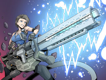 1girl black_gloves blue_electricity blue_eyes blue_shirt brown_hair cannon electricity energy ferromagnetic_infantry-use_next_generation_railgun fingerless_gloves gloves highres jewelry jill_valentine magnetic_weapon necklace pechamaju railgun remake resident_evil resident_evil_3:_nemesis resident_evil_3_(remake) shirt short_hair sweatdrop
