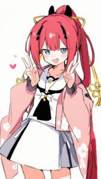 Rule 34 | 1girl, :d, ascot, black ascot, blue eyes, blunt bangs, blush stickers, cherry blossom print, commentary request, cowboy shot, double v, fake horns, fang, floral print, floral print kimono, hair between eyes, hair ornament, hairclip, hands up, happy, heart, highres, horns, japanese clothes, k4lmy, kamiyama shiki, kimono, long hair, long sleeves, open clothes, open kimono, open mouth, pink kimono, ponytail, print kimono, red hair, sailor collar, school uniform, serafuku, shirt, sidelocks, simple background, skirt, smile, solo, summer pockets, summer pockets school uniform, tassel, tassel hair ornament, v, very long hair, white background, white sailor collar, white serafuku, white shirt, white skirt, wide sleeves
