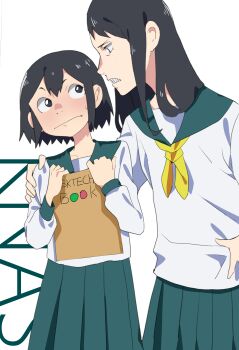 Rule 34 | 2girls, absurdres, asakusa midori, black hair, blush, commentary, eizouken ni wa te wo dasu na!, freckles, hand on another's shoulder, highres, kanamori sayaka, long hair, multiple girls, neckerchief, school uniform, serafuku, short hair, simple background, sketchbook, takao (88499191), teeth, white background, yellow neckerchief