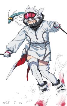 Rule 34 | 1girl, 2025, blush, bracelet, coat, goggles, goggles on head, hair between eyes, heart-shift bracelets, highres, holding, holding pole, hood, hood up, hooded coat, jewelry, messy hair, n-villio, non-humanoid robot, pole, red eyes, robot, short hair, shy (character), shy (series), simple background, skiing, skis, sweatdrop, takatisakana, thighhighs, white background, white coat, white hair, white thighhighs, winter clothes, winter coat