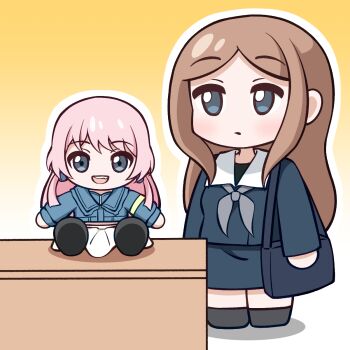 1girl bang_dream! bang_dream!_it's_mygo!!!!! blue_eyes blue_shirt blue_skirt brown_hair character_doll chibi chihaya_anon commentary doll grey_neckerchief highres jiwon_(sj1) long_hair nagasaki_soyo neckerchief outline school_uniform shirt sidelocks skirt tsukinomori_school_uniform white_outline