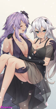 2girls bare_legs black_dress black_heart_(neptunia) braid breasts carrying closed_eyes commentary commission dress earrings elbow_gloves embarrassed english_commentary bad_tag ge-b gloves green_eyes hair_between_eyes happy highres jewelry large_breasts long_hair medium_breasts multiple_girls neptune_(neptunia) neptune_(series) noire_(neptunia) open_mouth princess_carry purple_heart_(neptunia) purple_heart_(goddesses'_promise) sidelocks smile tsundere white_hair yuri