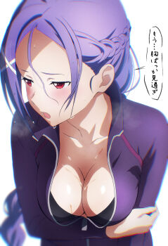 1girl alternate_costume black_one-piece_swimsuit blush braid braided_ponytail breasts cleavage collarbone commentary_request embarrassed from_above hair_ornament half_up_braid highres hand_on_own_arm jacket large_breasts long_hair looking_to_the_side mito_(sao) nuguri444 one-piece_swimsuit open_mouth partially_open_jacket purple_eyes purple_jacket red_eyes simple_background solo breath sweat swimsuit sword_art_online sword_art_online_progressive upper_body very_sweaty white_background x_hair_ornament