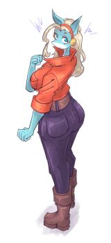 absurdres animal_ears ass blonde_hair blue_eyes boku_no_hero_academia boots brown_boots colored_skin furry furry_female green_skin highres ippan_josei looking_at_viewer mokkoyu multicolored_skin red_shirt shirt smile snout tagme two-tone_skin