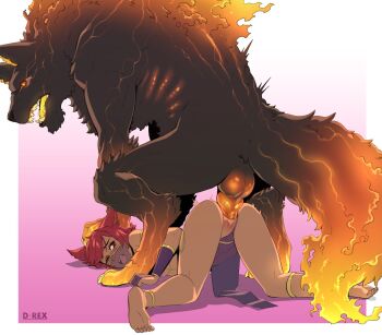 1boy 1girl animal_penis artist_name ass barefoot bestiality body_fur brown_fur colored_sclera colored_tongue d-rex dark-skinned_female dark_skin dog_penis gradient_background highres monster mouth_veil one_eye_closed open_mouth original penis pussy red_hair red_sclera sex sharp_teeth short_hair teeth testicles top-down_bottom-up vaginal veil werewolf yellow_tongue