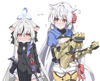 2girls 5zymp animal_ear_fluff animal_ears blue_archive blue_halo blush breasts china_dress chinese_clothes cleavage clothing_cutout company_connection crossover diamond_cutout dress fuyuka_(stella_sora) gauntlets halo kokona_(blue_archive) long_hair multiple_girls pout puffy_sleeves stella_sora striped_clothes striped_dress tiger_ears tiger_girl trait_connection translation_request vertical-striped_clothes vertical-striped_dress very_long_hair white_hair yostar