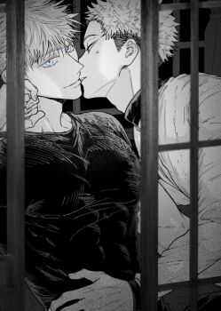 Rule 34 | 2boys, blue eyes, commentary request, compression shirt, covered abs, covered pectorals, gojou satoru, greyscale, highres, imminent kiss, itadori yuuji, jujutsu kaisen, looking at viewer, male focus, monochrome, multiple boys, nay bb, pectorals, short hair, spot color, undercut, upper body