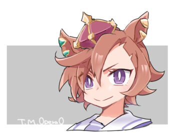 Rule 34 | >:), 1girl, animal ears, beer hsk, brown hair, character name, closed mouth, commentary request, cropped shoulders, crown, grey background, hair between eyes, horse ears, looking at viewer, mini crown, portrait, purple eyes, school uniform, short hair, smile, solo, t.m. opera o (umamusume), tracen school uniform, two-tone background, umamusume, v-shaped eyebrows, white background