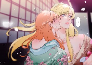 Rule 34 | !, 2girls, bare shoulders, bite mark, bite mark on shoulder, biting, biting cheek, blonde hair, blue eyes, blue kimono, blush, breasts, cleavage, closed eyes, commentary request, falling petals, floral print, floral print kimono, highres, indoors, japanese clothes, kimono, large breasts, long hair, multiple girls, off shoulder, orange hair, original, petals, print kimono, shouji, sliding doors, spoken exclamation mark, sweetandsour9, thai commentary, upper body, yuri