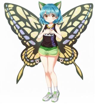 1girl animal_ear_fluff animal_ears bare_arms bare_shoulders black_shirt blue_hair blush butterfly_wings cat_ears cat_girl closed_mouth eternity_larva full_body green_shorts hair_between_eyes highres insect_wings kemonomimi_mode looking_at_viewer non-web_source ruu_(tksymkw) shirt shoes short_hair short_shorts shorts simple_background sleeveless sleeveless_shirt smile sneakers socks solo standing touhou touhou_lostword white_background white_shoes white_socks wings yellow_eyes
