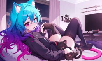 1girl animal animal_ear_fluff animal_ears black_cat black_hoodie black_thighhighs blue_eyes blue_hair cat cat_ears cat_tail controller drawstring game_controller gradient_hair heterochromia highres holding holding_controller holding_game_controller hood hood_down hoodie kiyochii long_hair long_hoodie looking_at_viewer looking_back lying multicolored_hair on_back open_mouth original pink_eyes pink_hair smile solo symbol-shaped_pupils tail thighhighs thighs two-tone_hair x-shaped_pupils zettai_ryouiki